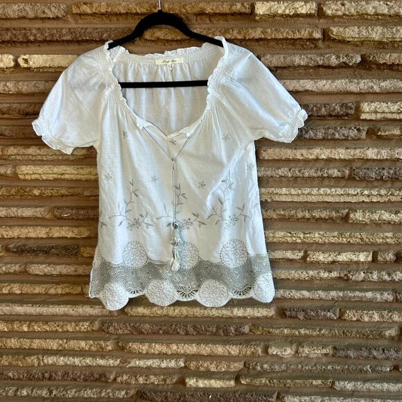 Purple Clover White Silver Embroidered Peasant Top - Picture 9 of 9